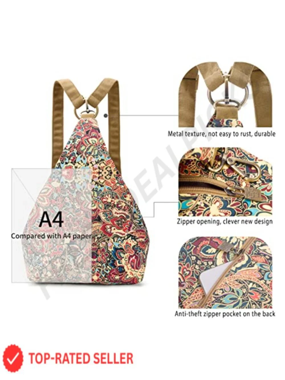 Boho Small Backpack Purse with Hand-Drawn Artist Print, 3-in-1 Daypack